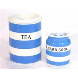 T.G. Green Cornishware blue banded bicarbonate of soda storage jar and a tea storage jar, largest 15