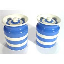 Two T G Green blue banded Cornishware storage jars, 16cm high, green shield to base