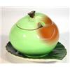 Image 1 : Hand painted Carltonware apple shaped jampot and cover on a green leaf stand, marks to base, 11cm hi