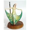 Image 1 : Hand painted early Wade figurine in a flowing green dress table lamp on a wooden base, 25cm high