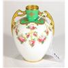 Image 1 : Twin handled Royal Doulton vase, hand painted with swags of roses onto green and white ground, marks