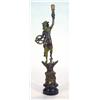 Image 1 : French spelter table lamp modelled as a young maiden in flowing dress on winged lion back, 56cm high