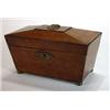 Image 1 : Inlaid mahogany casket shaped tea caddy with brass lock and handle, fitted interior, 27cm long