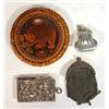 Image 1 : Circular leather and oak bear design mirror, two silver plated purses and a silver plated swag desig