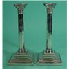 Image 1 : Pair of square based silver candlesticks with hexagonal stems, London 1958, 27cm high