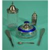 Image 1 : Cut glass and blue enamel silver topped pot and cover, silver topped glass pot, silver pepper pot an