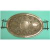 Image 1 : Indian silver oval tray with simulated bamboo handles embossed with panels of Goddesses, 42cm long