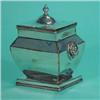 Image 1 : Square based Sheffield plated tea caddy with lion mask handles, 15cm high