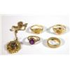 Image 1 : Two signet rings, wedding band, purple stone ring and a citrine coloured gold pendant