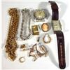 Bag of assorted gold jewellery, gold plated Longuard chain brooch, gentleman's Buren Art Deco wristw
