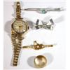 9ct gold watch, ring, bar brooch, 18ct white gold blue stone bar brooch and a silver bow brooch