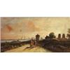 Image 1 : Small framed Victorian watercolour of people on a path beside the sea with rigged ship, 14cm x 28cm