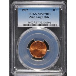 1982 ZINC LARGE DATE LINCOLN CENT, PCGS MS-67 RED