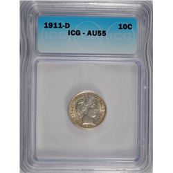 1911-D BARBER DIME, ICG AU-55