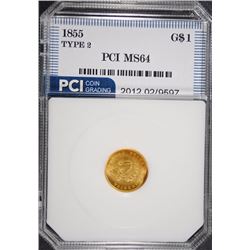 1855 TYPE-2 GOLD DOLLAR PCI CH/GEM BU SCARCE TYPE 2