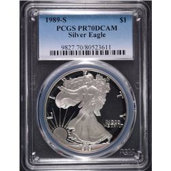1989-S AMERICAN SILVER EAGLE, PCGS PR-70 DCAM   RARE