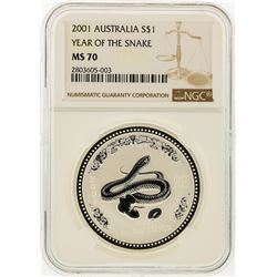 2001 $1 Australia Silver Lunar Series Year of the Snake Coin NGC MS70