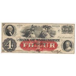 1860s $4 The Bank of Washington Obsolete Note