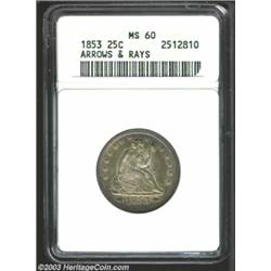1853 25C Arrows and Rays MS60 ANACS.