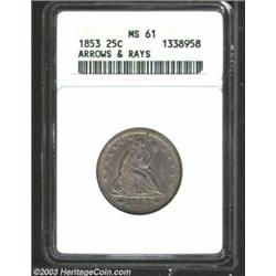 1853 25C Arrows and Rays MS61 ANACS.