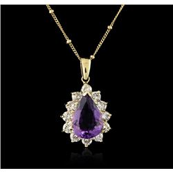 14KT Yellow Gold 4.38ct Amethyst and Diamond Pendant With Chain