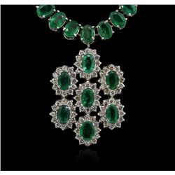 14KT White Gold 42.30ctw Emerald and Diamond Necklace