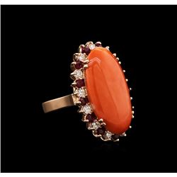 14KT Rose Gold 11.32ct Pink Coral, Ruby and Diamond Ring