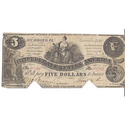 1861 $5 Confederate States of America Bank Note