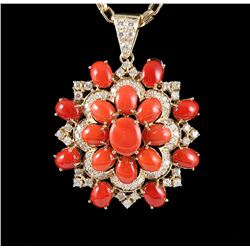 14KT Yellow Gold 19.87ctw Red Coral & Diamond Pendant with Chain