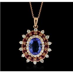 14KT Rose Gold 4.23ct Tanzanite, Ruby and Diamond Pendant With Chain