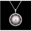 Image 1 : Pearl, Pink Sapphire and Diamond Pendant With Chain - 14KT White Gold