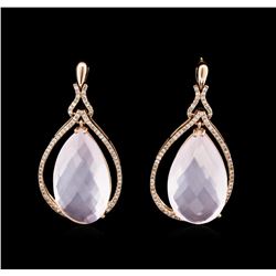 34.48ctw Rose Quartz and Diamond Earrings - 14KT Rose Gold