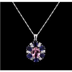 14KT White Gold 2.65ct Tourmaline, Sapphire and Diamond Pendant With Chain