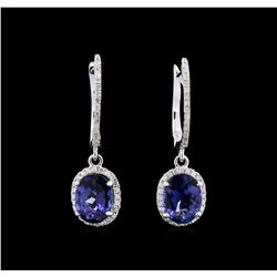 3.91ctw Tanzanite and Diamond Dangle Earrings - 14KT White Gold