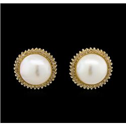 0.76ctw Pearl and Diamond Earrings - 14KT Yellow Gold