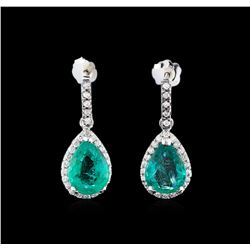 GIA Cert 4.75ctw Emerald and Diamond Earrings - 14KT White Gold