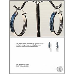 #1-ST SILVER BLUE DIAMOND HOOP EARRINGS W/ COA