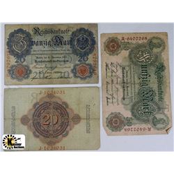 SET OF THREE GERMAN BANKNOTES