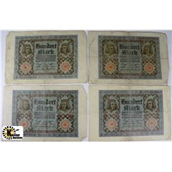 FOUR GERMAN 1920 100 MARK BANKNOTES