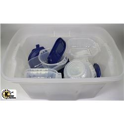 BIN OF MICROWAVABLE TUPPERWARE CONTAINERS & LIDS