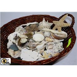 WICKER BASKET WITH SEA SHELLS AND STARFISH