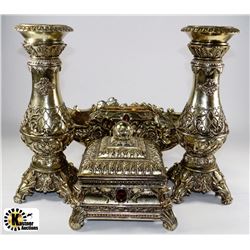 FLAT OF BRONZE TONE ITEMS INCLUDING CANDLE HOLDERS