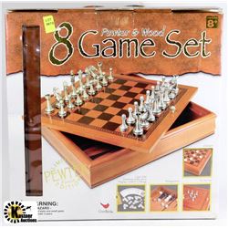 PEWTER AND WOOD 8 GAME SET