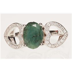 #34-STERLING SILVER GENUINE EMERALD & CZ RING