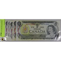 L) 5 PCS 1973 ONE DOLLAR NOTE