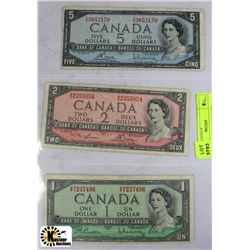 BB) 3 PCS 1954 ONE, TWO, FIVE DOLLAR NOTES
