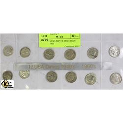 X) 12 PCS USA SILVER TEN CENTS 1940 TO 1960