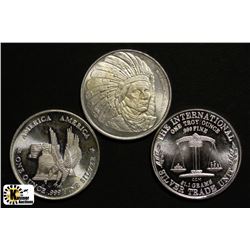 SET OF 3 AMERICAN ONE OZ .999 FINE SILVER COINS
