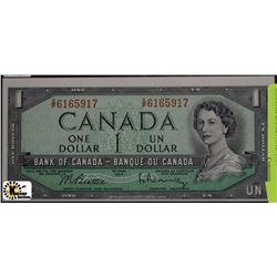 W)MIS-CUT UNC. CANADIAN $1 DOLLAR BANK NOTE 1954