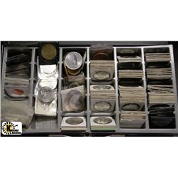 Z)METAL BOX FULL OF VARIOUS TRADE DOLLARS &